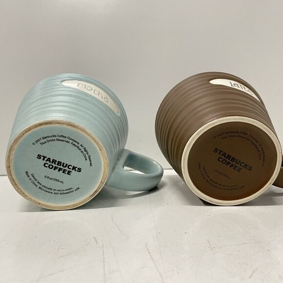 2x Starbucks 2007 Ribbed Ceramic LATTE & MOCHA 9 Oz Coffee Tea Cup Mug Lot - Picture 5 of 6